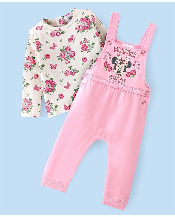 Babyhug 100% Cotton Knit Minnie Mouse Printed Dungaree with Full Sleeves Floral Printed Inner Tee - White & Pink