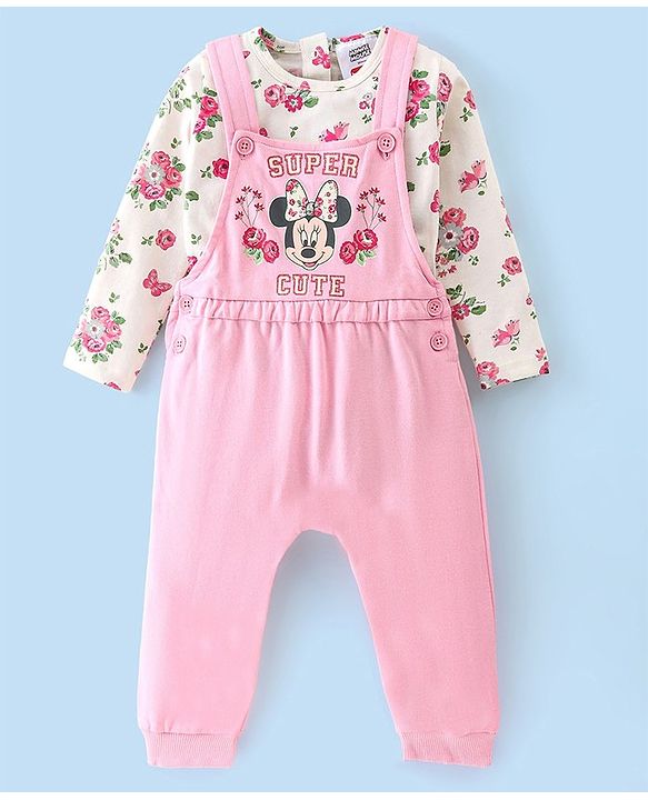 Babyhug 100% Cotton Knit Minnie Mouse Printed Dungaree with Full Sleeves Floral Printed Inner Tee - White & Pink