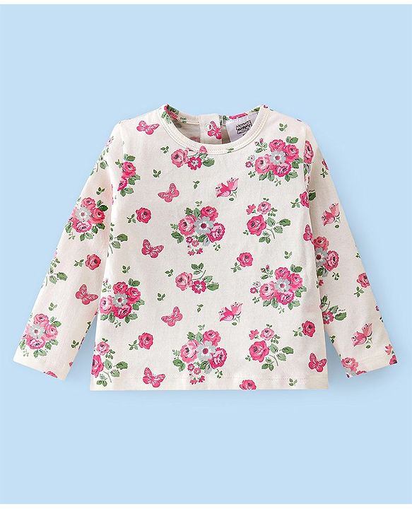 Babyhug 100% Cotton Knit Minnie Mouse Printed Dungaree with Full Sleeves Floral Printed Inner Tee - White & Pink