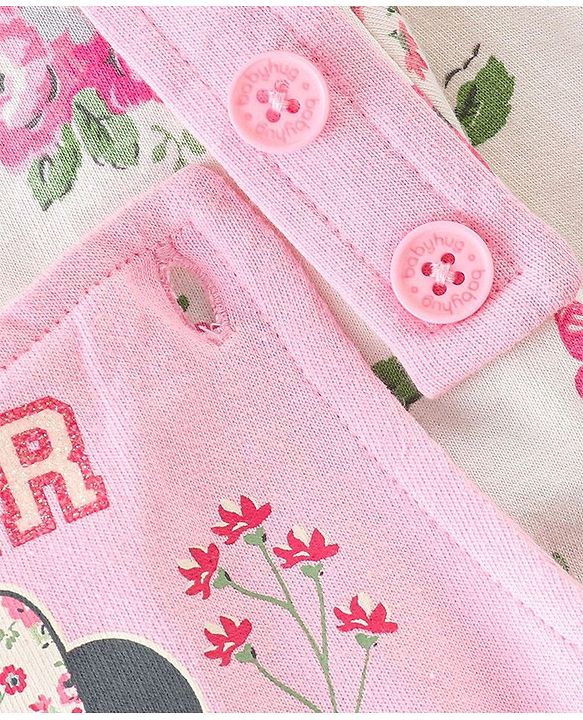 Babyhug 100% Cotton Knit Minnie Mouse Printed Dungaree with Full Sleeves Floral Printed Inner Tee - White & Pink