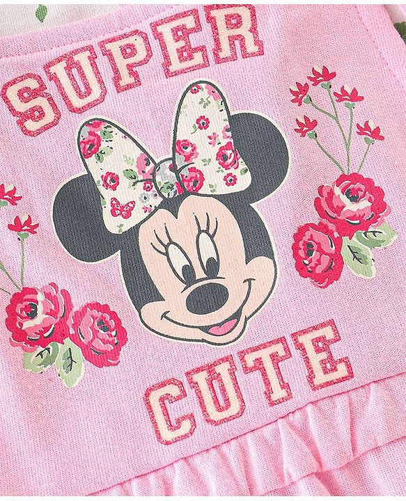 Babyhug 100% Cotton Knit Minnie Mouse Printed Dungaree with Full Sleeves Floral Printed Inner Tee - White & Pink