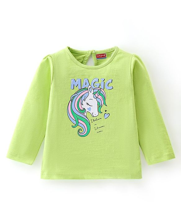 Babyhug Cotton Knit Full Sleeves Tee with Unicorn Graphic Print - Green