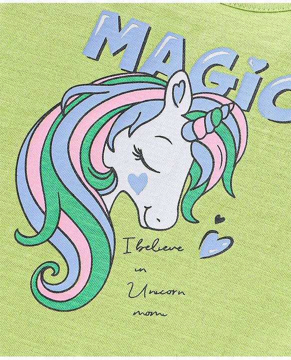 Babyhug Cotton Knit Full Sleeves Tee with Unicorn Graphic Print - Green