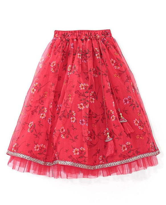 Babyhug Half Sleeve Tafetta Printed Choli with Lehenga  and Dupatta with Embroidery - Red