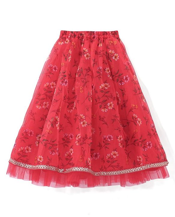 Babyhug Half Sleeve Tafetta Printed Choli with Lehenga  and Dupatta with Embroidery - Red
