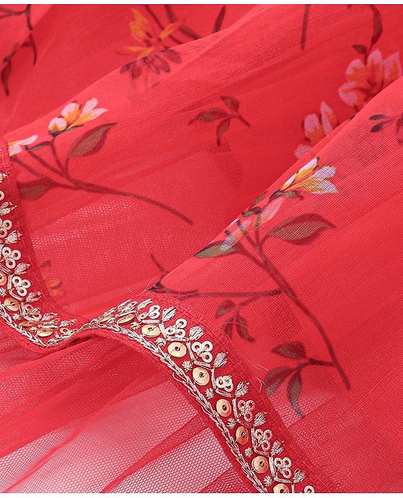Babyhug Half Sleeve Tafetta Printed Choli with Lehenga  and Dupatta with Embroidery - Red