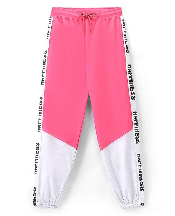 Pine Kids 100% Cotton Terry Knit Full Length Cut & Sew Jogger Text Print - Pink