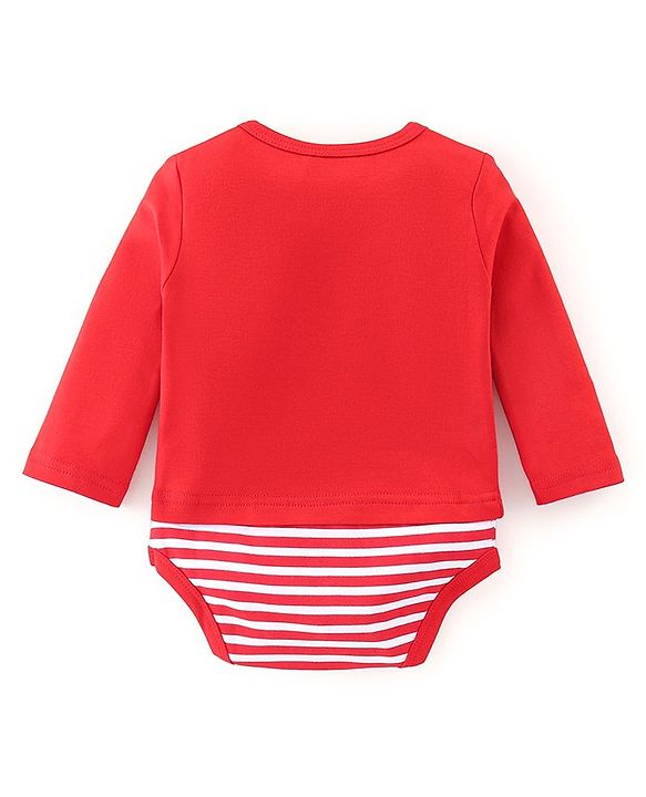 Babyhug 100% Cotton Knit Full Sleeves Onesie Stripes & Fox Print - Red
