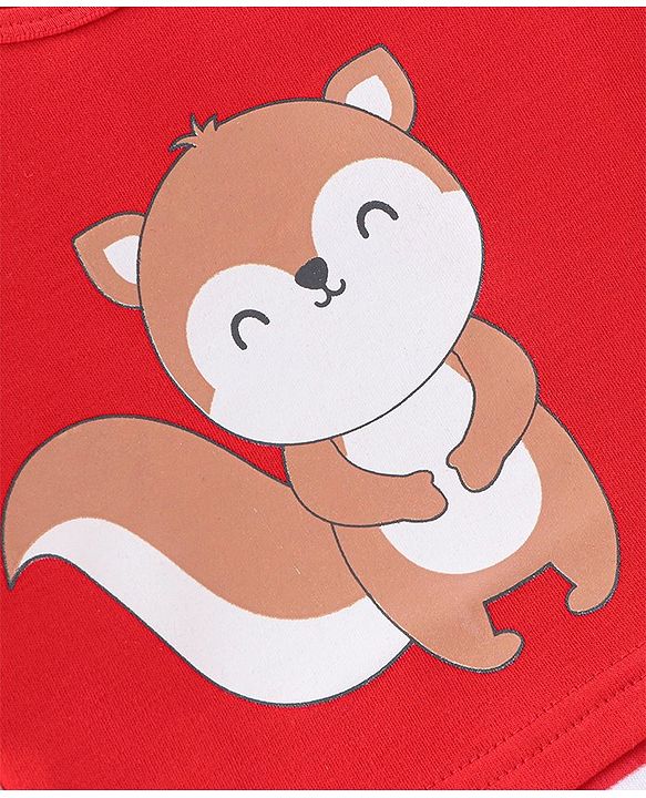 Babyhug 100% Cotton Knit Full Sleeves Onesie Stripes & Fox Print - Red