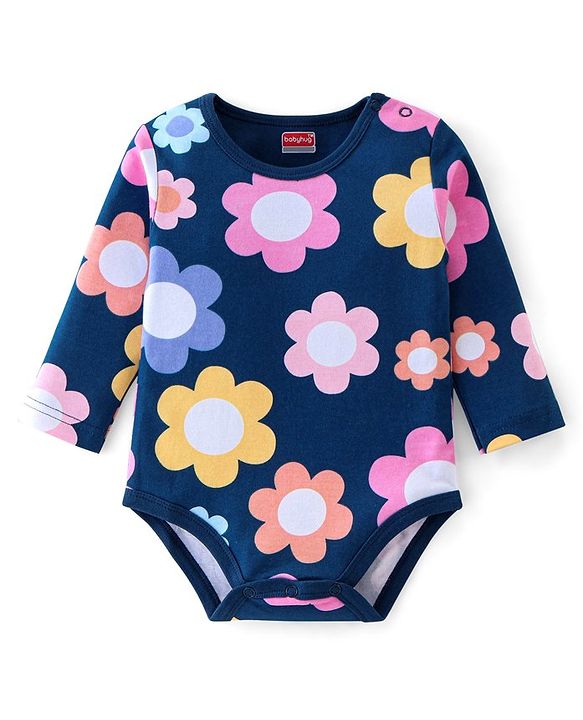 Babyhug 100% Cotton Full Sleeves Onesies With Floral Print - Navy Blue