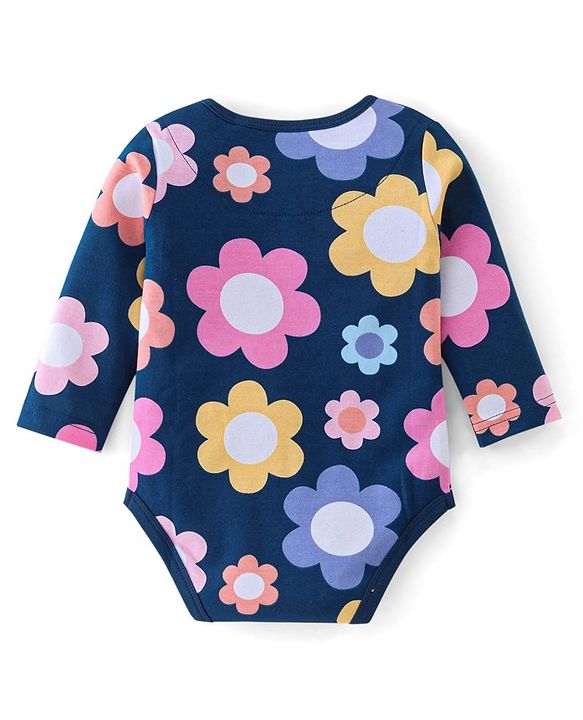 Babyhug 100% Cotton Full Sleeves Onesies With Floral Print - Navy Blue