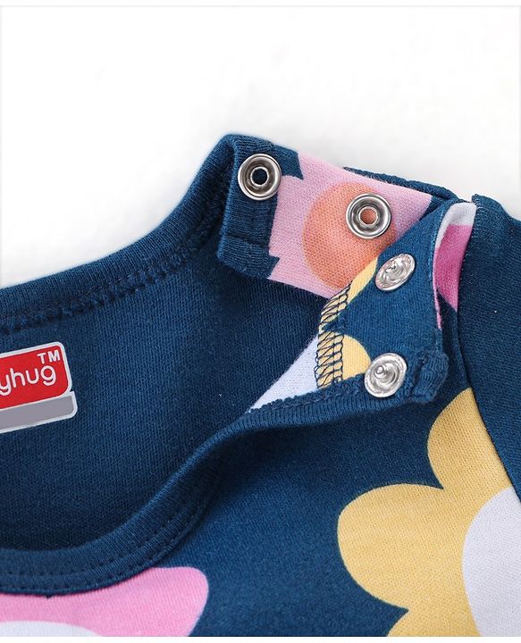 Babyhug 100% Cotton Full Sleeves Onesies With Floral Print - Navy Blue
