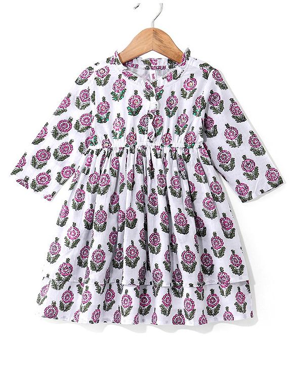 Babyhug 100% Cotton Woven  Three Fourth Sleeves Floral Printed Ethnic Dress with Sequin Detailing on Yoke - White