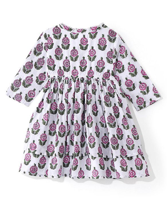 Babyhug 100% Cotton Woven  Three Fourth Sleeves Floral Printed Ethnic Dress with Sequin Detailing on Yoke - White