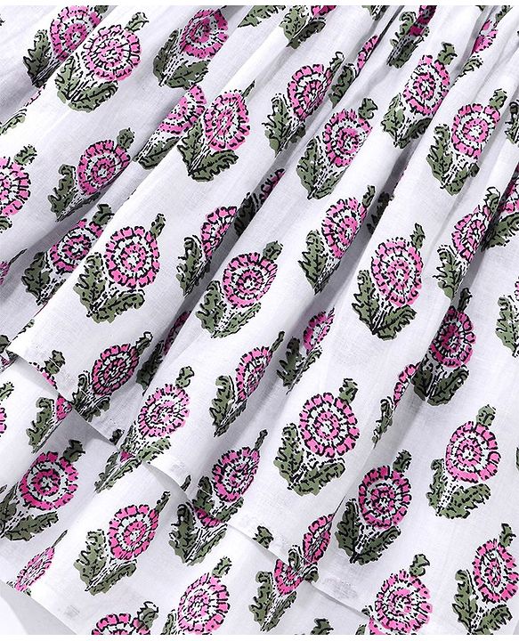 Babyhug 100% Cotton Woven  Three Fourth Sleeves Floral Printed Ethnic Dress with Sequin Detailing on Yoke - White
