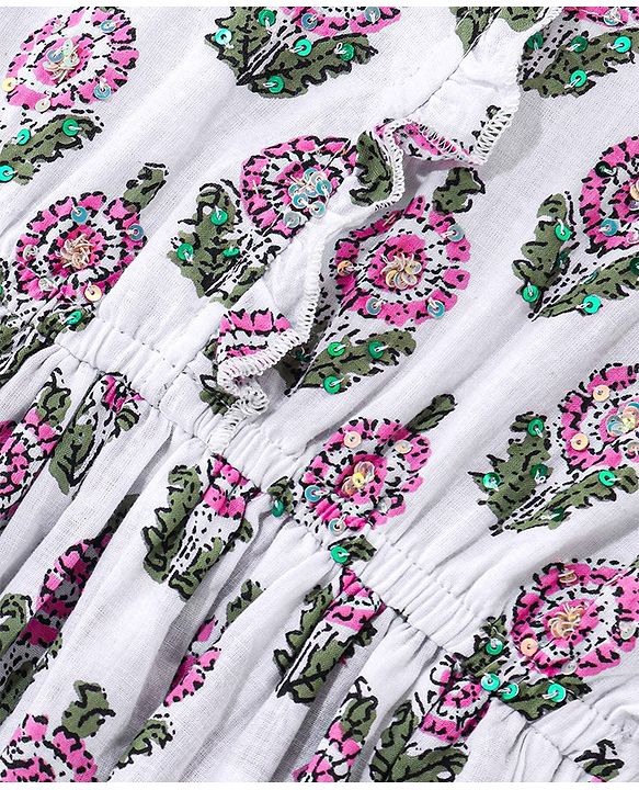 Babyhug 100% Cotton Woven  Three Fourth Sleeves Floral Printed Ethnic Dress with Sequin Detailing on Yoke - White