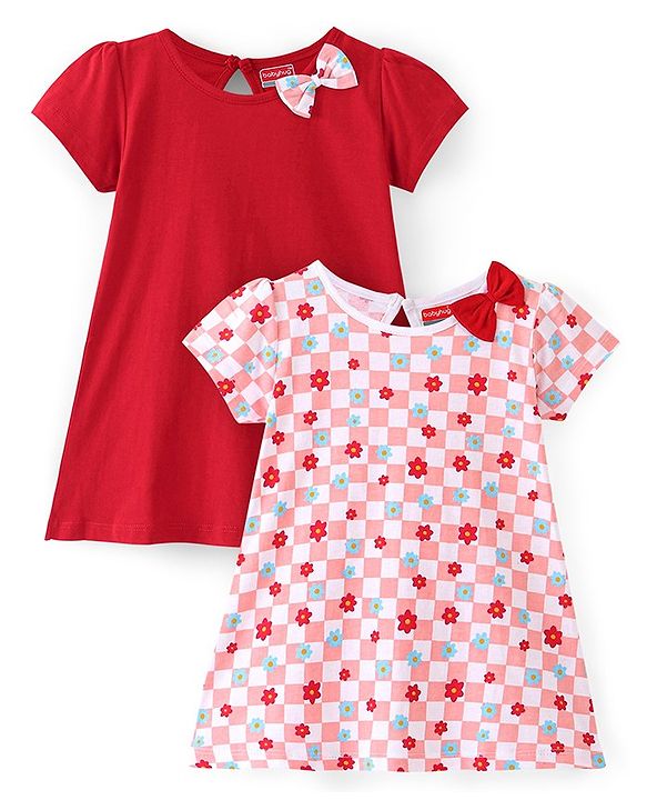 Babyhug 100% Cotton Knit Full Sleeves Frock With Floral Print - Red & Pink