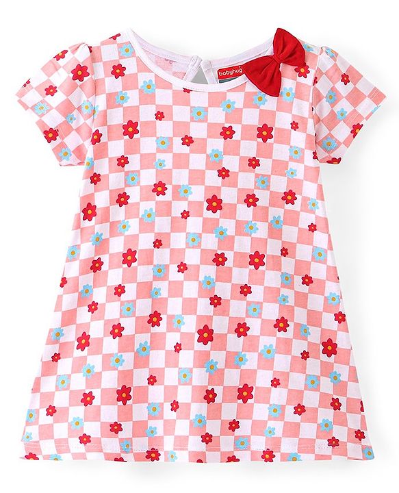 Babyhug 100% Cotton Knit Full Sleeves Frock With Floral Print - Red & Pink