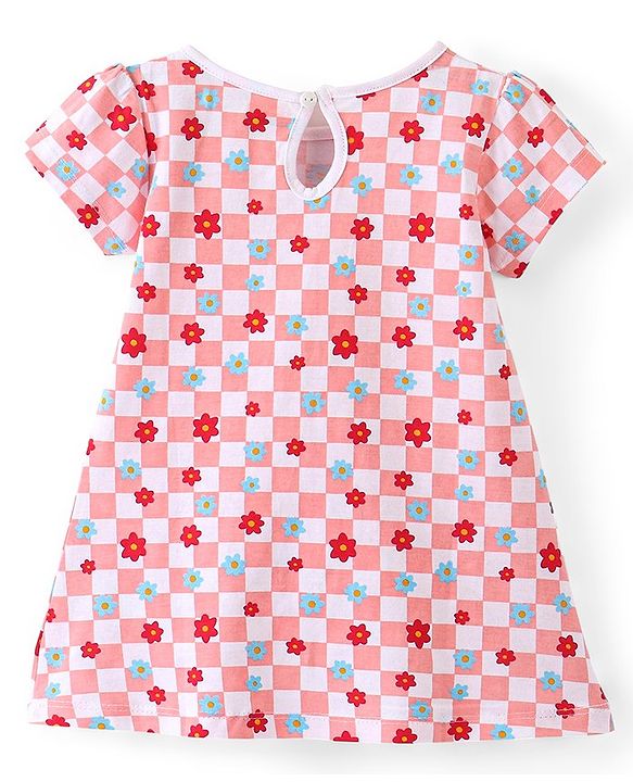 Babyhug 100% Cotton Knit Full Sleeves Frock With Floral Print - Red & Pink