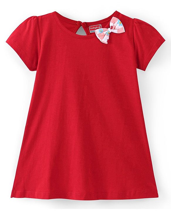 Babyhug 100% Cotton Knit Full Sleeves Frock With Floral Print - Red & Pink