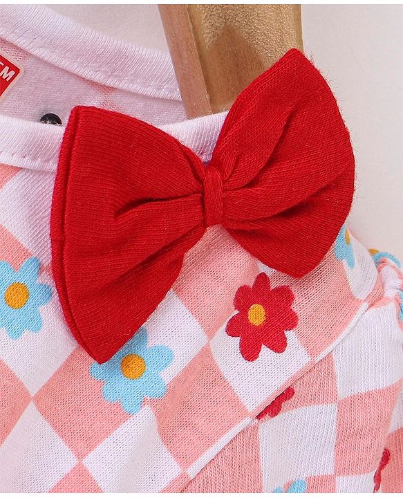 Babyhug 100% Cotton Knit Full Sleeves Frock With Floral Print - Red & Pink