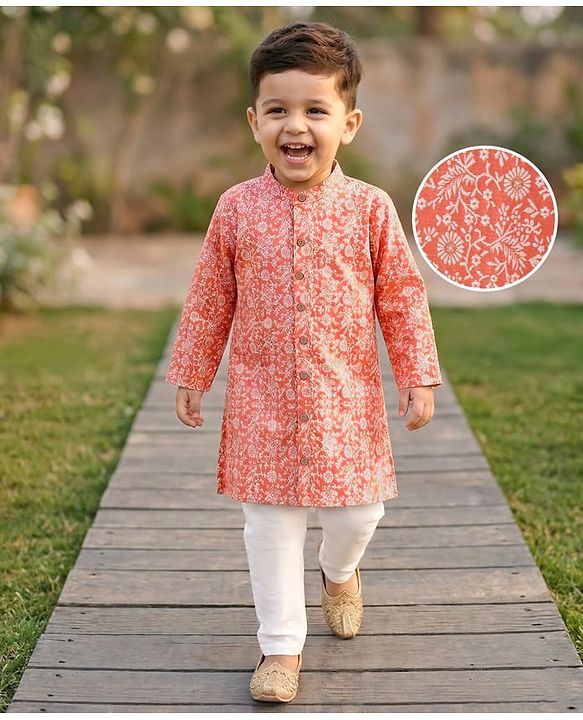 Babyhug Full Sleeves Brocade Kurta Pyjama Set - Orange