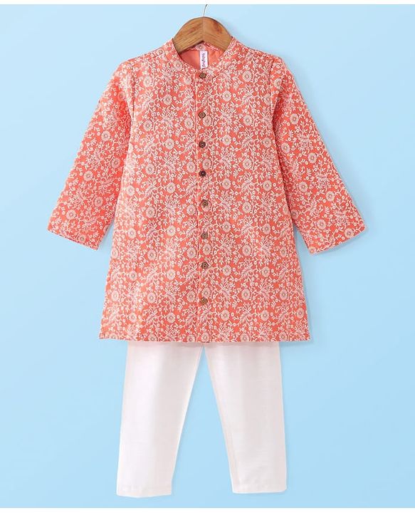Babyhug Full Sleeves Brocade Kurta Pyjama Set - Orange