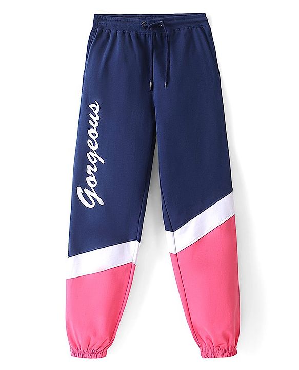 Pine Kids 100% Cotton Terry Knit Full Length Cut & Sew Jogger Text Print - Navy Peony