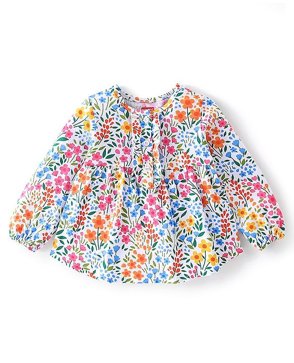 Babyhug 100% Cotton Knit Full Sleeves Top & Jeans With Floral Print - White & Blue