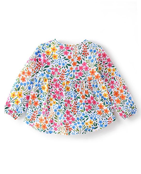 Babyhug 100% Cotton Knit Full Sleeves Top & Jeans With Floral Print - White & Blue