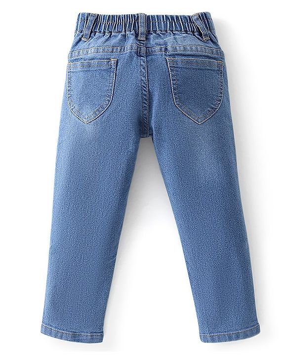 Babyhug 100% Cotton Knit Full Sleeves Top & Jeans With Floral Print - White & Blue