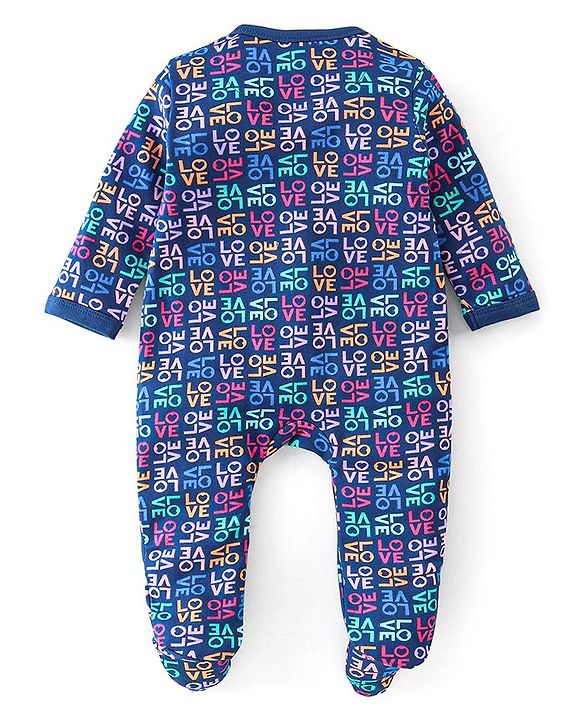 Babyhug Cotton Knit Full Sleeves Footed Sleep Suit Text Print - Purple