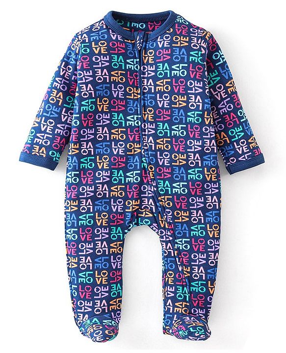 Babyhug Cotton Knit Full Sleeves Footed Sleep Suit Text Print - Purple