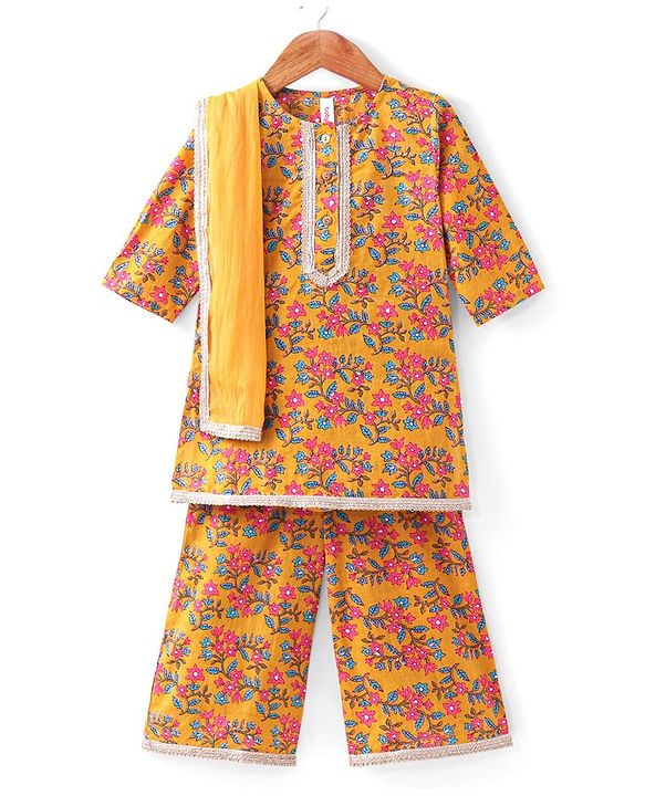 Babyhug 100% Cambric Full Sleeve All Over Printed Kurti Palazoa With Solid Chiffon Dupatta Set- Yellow