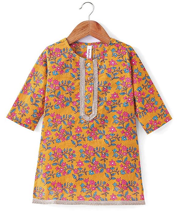 Babyhug 100% Cambric Full Sleeve All Over Printed Kurti Palazoa With Solid Chiffon Dupatta Set- Yellow