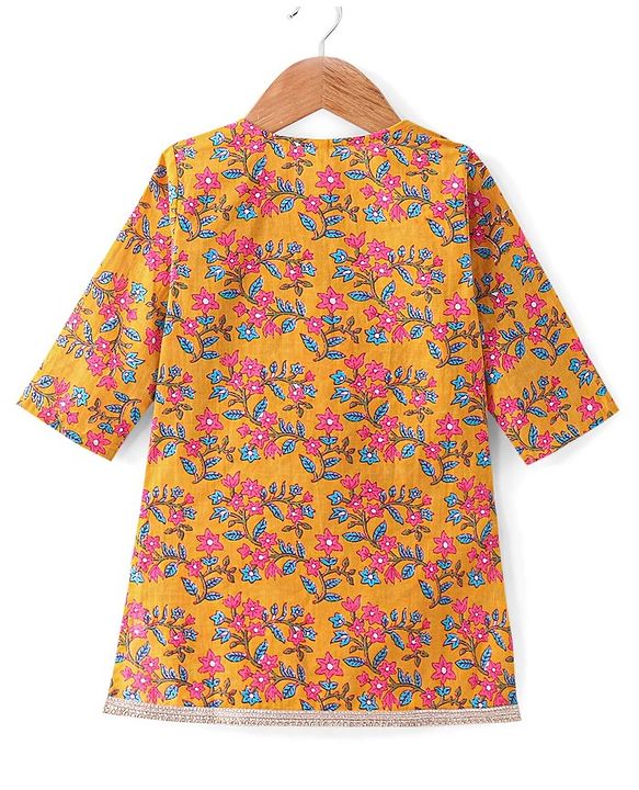 Babyhug 100% Cambric Full Sleeve All Over Printed Kurti Palazoa With Solid Chiffon Dupatta Set- Yellow