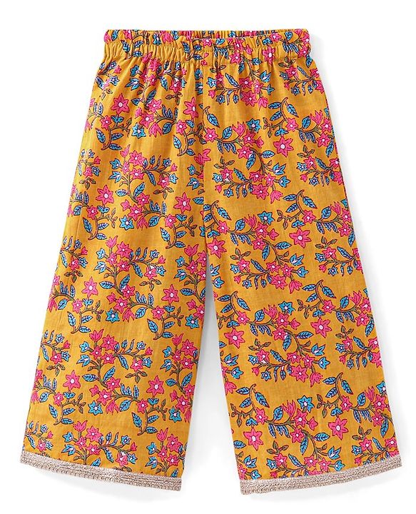 Babyhug 100% Cambric Full Sleeve All Over Printed Kurti Palazoa With Solid Chiffon Dupatta Set- Yellow