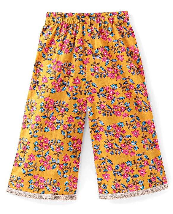 Babyhug 100% Cambric Full Sleeve All Over Printed Kurti Palazoa With Solid Chiffon Dupatta Set- Yellow