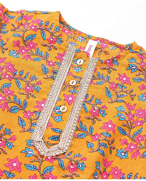 Babyhug 100% Cambric Full Sleeve All Over Printed Kurti Palazoa With Solid Chiffon Dupatta Set- Yellow