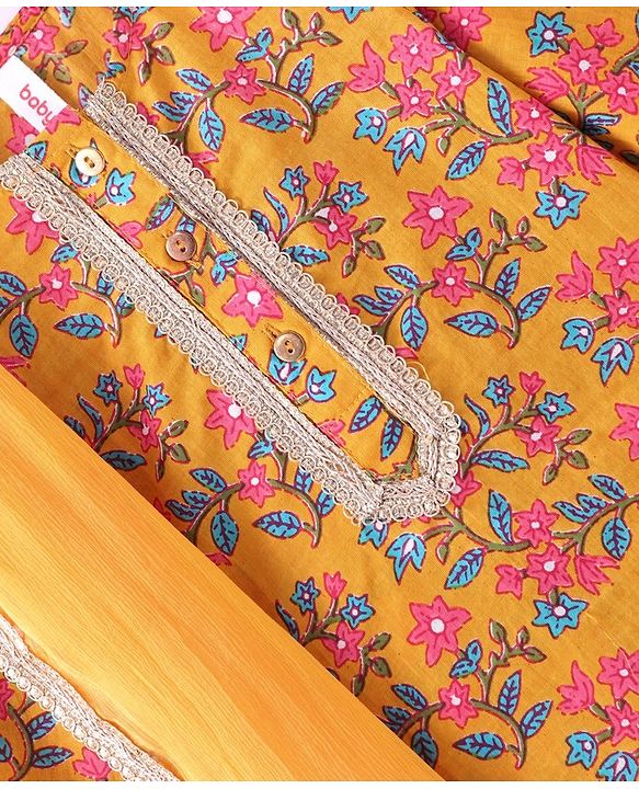 Babyhug 100% Cambric Full Sleeve All Over Printed Kurti Palazoa With Solid Chiffon Dupatta Set- Yellow