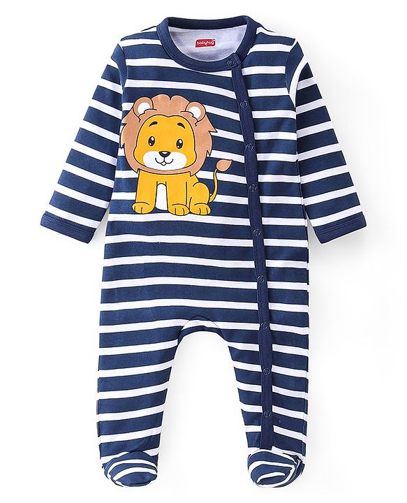 Babyhug Cotton Interlock Knit Full Sleeves Footed Sleep Suit Stripes & Lion Print - Navy Blue