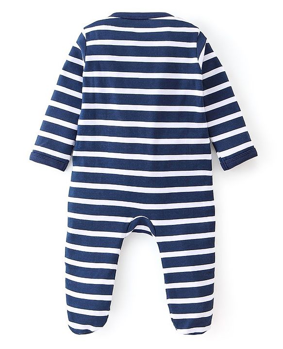 Babyhug Cotton Interlock Knit Full Sleeves Footed Sleep Suit Stripes & Lion Print - Navy Blue