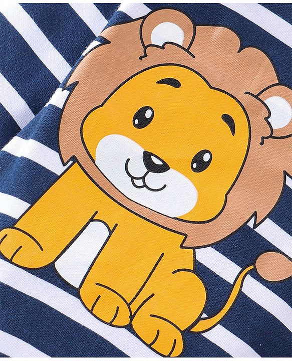 Babyhug Cotton Interlock Knit Full Sleeves Footed Sleep Suit Stripes & Lion Print - Navy Blue