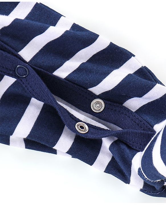 Babyhug Cotton Interlock Knit Full Sleeves Footed Sleep Suit Stripes & Lion Print - Navy Blue