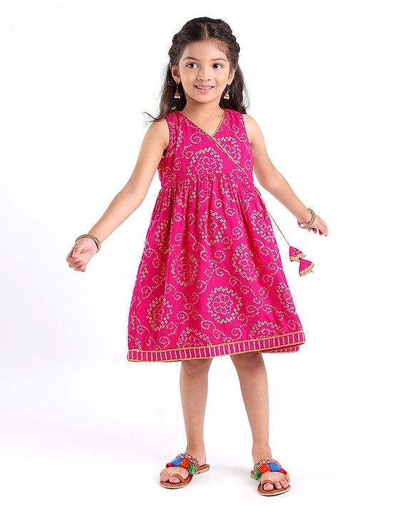 Babyhug 100% Cotton Sleeveless  Bandhani Printed Ethnic Overlap Dress - Fuschia