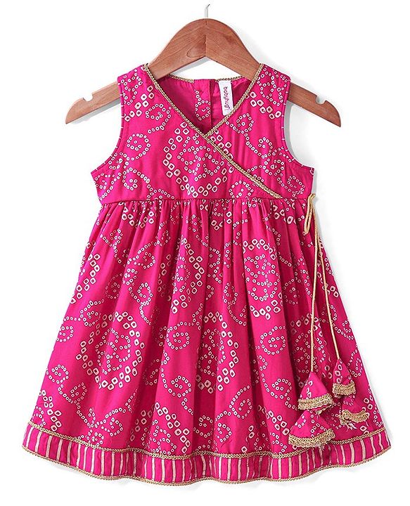 Babyhug 100% Cotton Sleeveless  Bandhani Printed Ethnic Overlap Dress - Fuschia