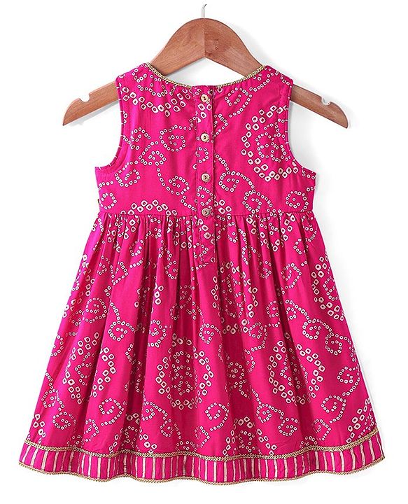 Babyhug 100% Cotton Sleeveless  Bandhani Printed Ethnic Overlap Dress - Fuschia