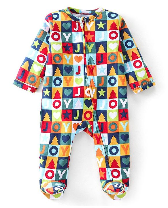 Babyhug Cotton Knit Full Sleeves Text Printed Footed Sleep Suit - Multicolour