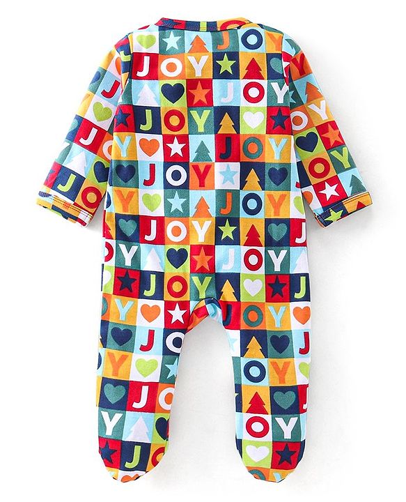 Babyhug Cotton Knit Full Sleeves Text Printed Footed Sleep Suit - Multicolour