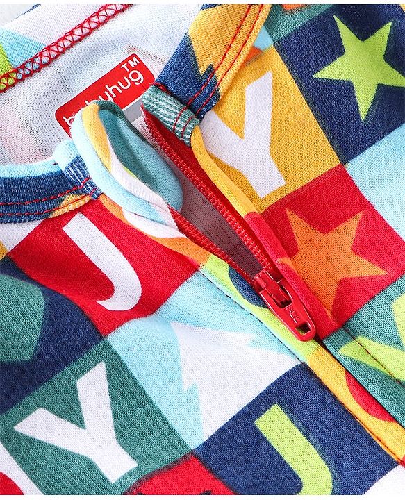 Babyhug Cotton Knit Full Sleeves Text Printed Footed Sleep Suit - Multicolour